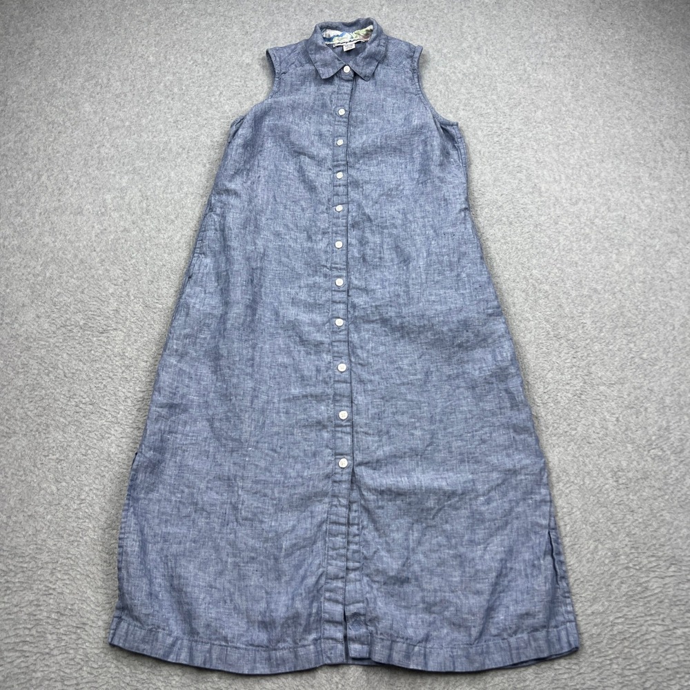 Tommy Bahama Two Palms Linen Shirt Dress Womens XS Blue Sleeveless Maxi Pocket